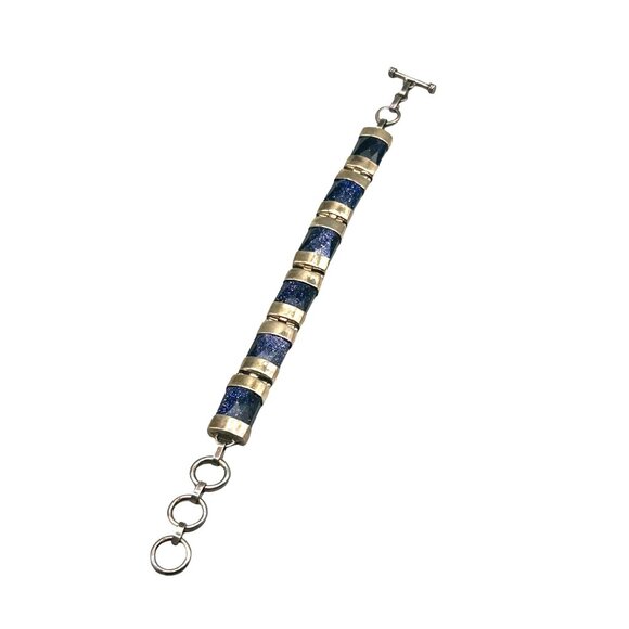 Blue Goldstone Sterling Silver 925 Link Bracelet Genuine Semi Precious Stone - Picture 1 of 6
